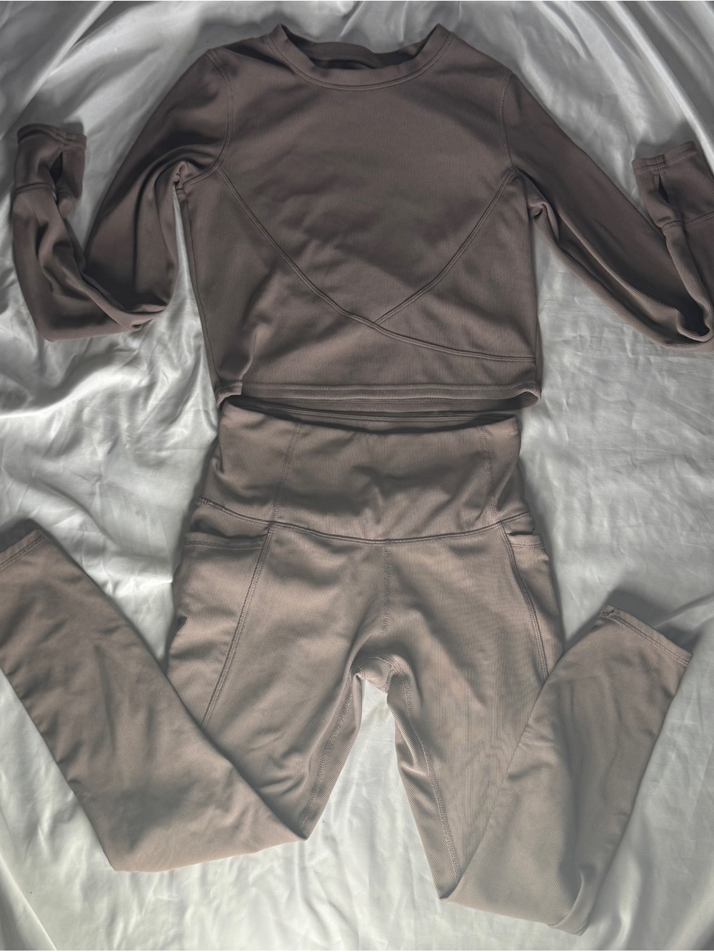 Move Theology Matching Activewear Set Taupe Brown Leggings & Long Sleeve Top M